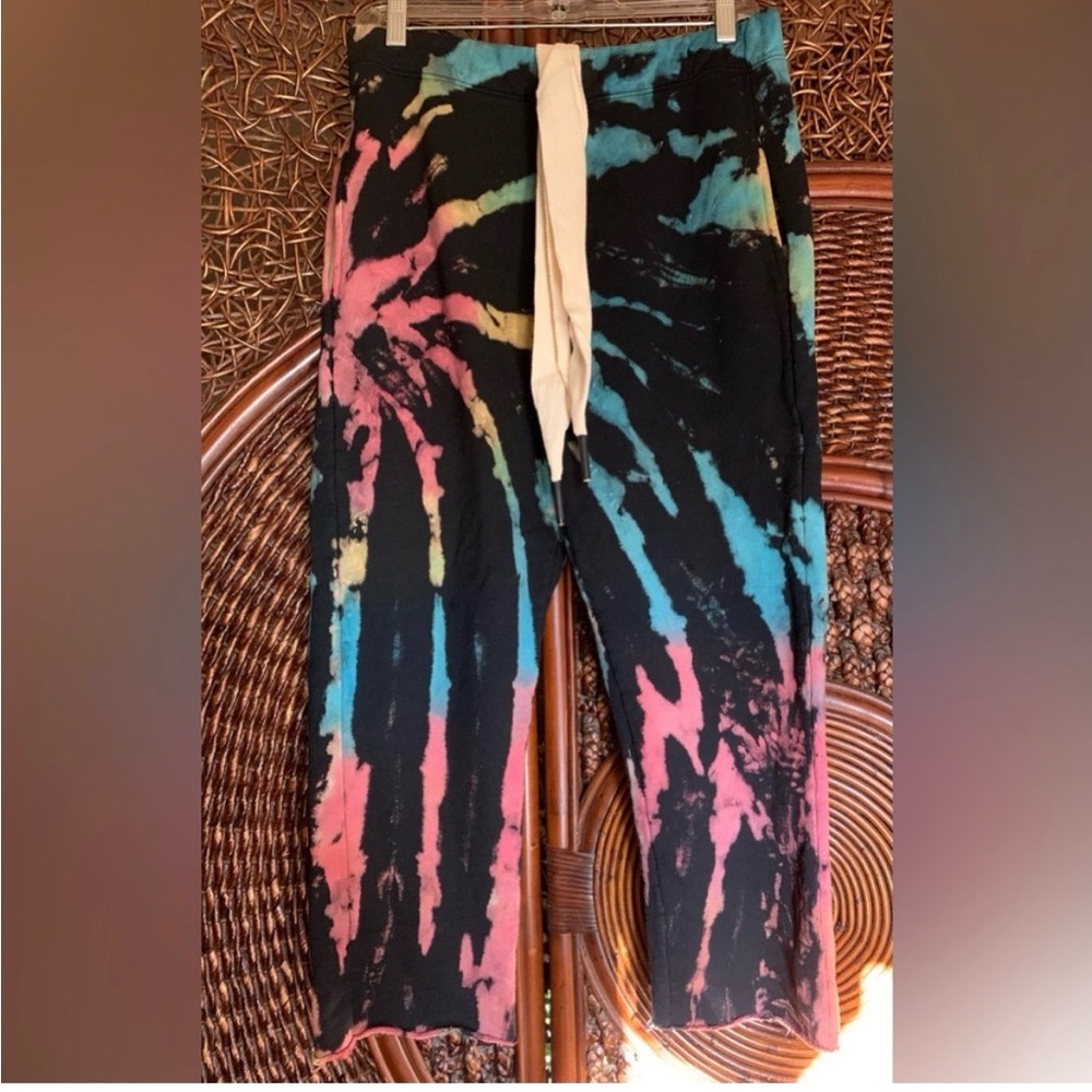 Black Tie-Dye Cropped Jogger Pants with Multicolor Accents NWOT